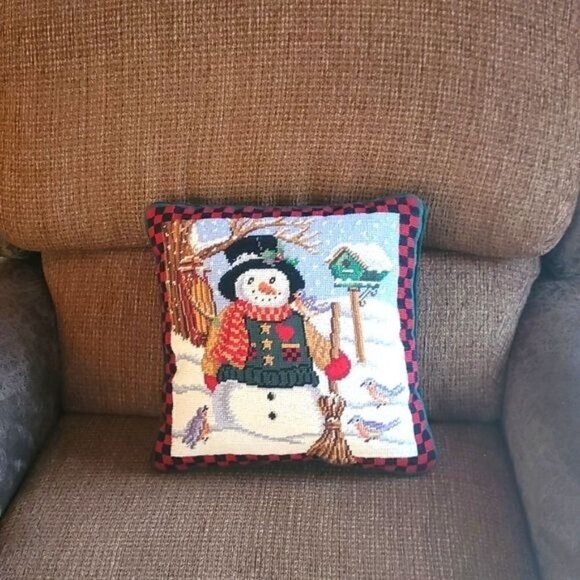 Holiday Cross Stitch Snowman with Birds Zippered ~14"x14"x3" Pillow - Picture 1 of 8